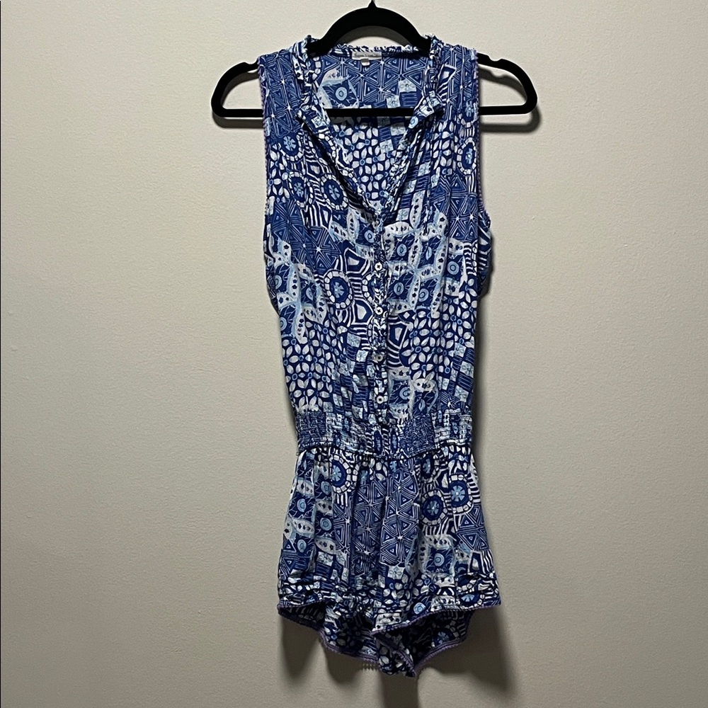 POUPETTE ST. BARTH Blue & White Sleeveless Button-Front Romper, Size S